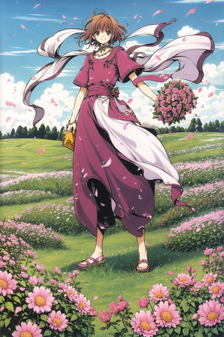 04785-1229892462-Tsubasa,flower, 1girl, petals, shawl, solo, sky, pants, brown hair, day, outdoors, full body, short hair, jewelry, field, smile,.png